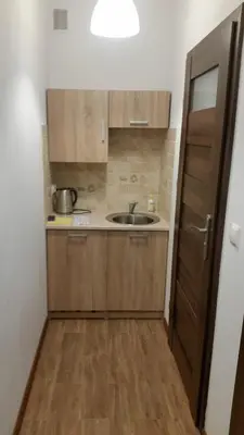a small kitchen with a sink and a wooden floor at Willa Ostoja in Rabka