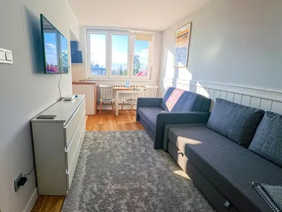 a living room with a couch and a table at Apartament Parkowy Rabka in Rabka