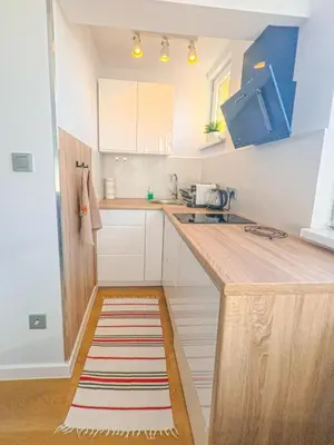 a kitchen with white cabinets and a rug on the floor at Apartament Parkowy Rabka in Rabka