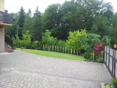 a brick driveway with trees in the background at Apartament Kapi in Kalwaria Zebrzydowska