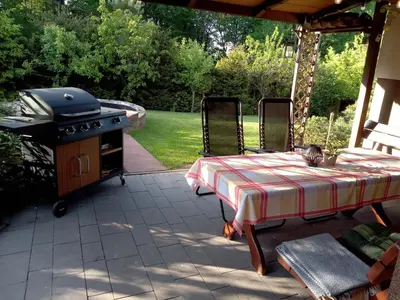 a picnic table and a grill on a patio at Apartament Kapi in Kalwaria Zebrzydowska