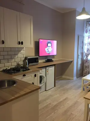 a kitchen with a flat screen tv on a counter at Apartament Romantic in Oświęcim