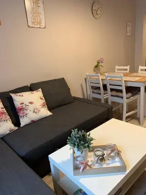 a living room with a couch and a table at Apartament Romantic in Oświęcim