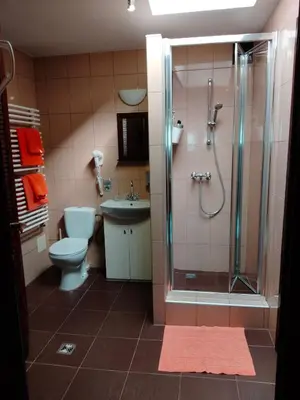 a bathroom with a shower and a toilet and a sink at Indalo Rooms in Kraków