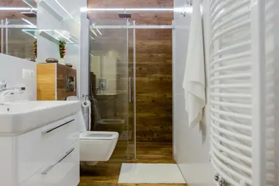 a bathroom with a shower and a toilet and a sink at Kings Landing Apartament in Kraków