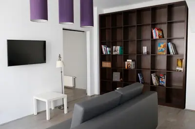 a living room with a couch and a book shelf at Elegant City Center Zyblikiewicza 165 in Kraków