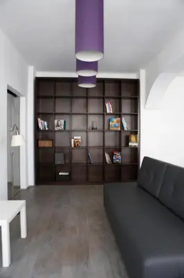 a living room with a couch and a book shelf at Elegant City Center Zyblikiewicza 165 in Kraków