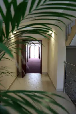 a hallway with a door and a plant at Hotel Grand Felix in Kraków