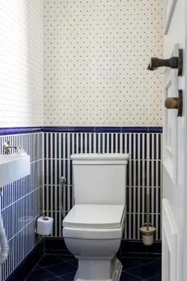 a white toilet in a bathroom with blue and white stripes at Domles Apartments in Kraków