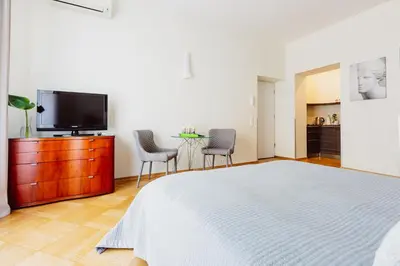 a bedroom with a bed and a flat screen tv at 4Seasons﻿ Apartments Cracow in Kraków