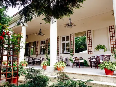 a porch of a house with chairs and plants at Miodosytnia Aparthotel in Kraków