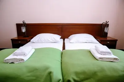 two beds with green sheets and white pillows at Pałac Koronny Noclegi & Wypoczynek in Wodzisław