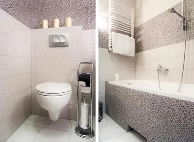 two pictures of a bathroom with a toilet and a bath tub at Cracow Stay Apartments in Kraków