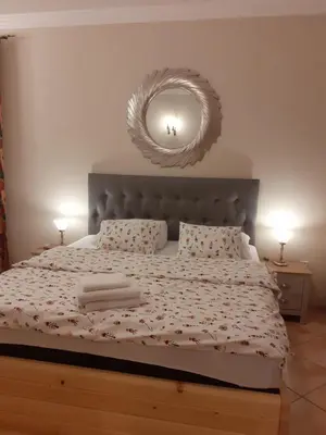 a bedroom with a large bed with a large mirror at Podzamcze in Rożnów