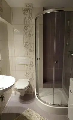 a bathroom with a shower and a toilet and a sink at Podzamcze in Rożnów