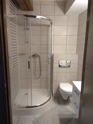 a bathroom with a shower and a toilet at Podzamcze in Rożnów