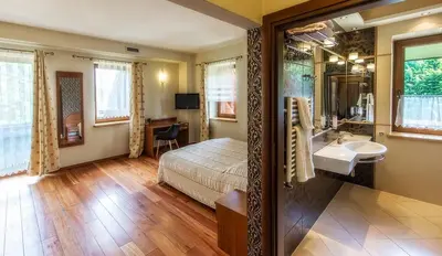 a bedroom with a bed and a sink and a mirror at Pokoje na stoku Czarny Groń in Rzyki