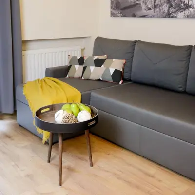 a living room with a couch and a table with a bowl of fruit at Krakow Central Apartments in Kraków