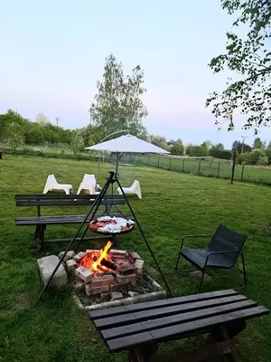 a fire pit with a grill and a picnic table at Willa Krakowia in Krzeszowice