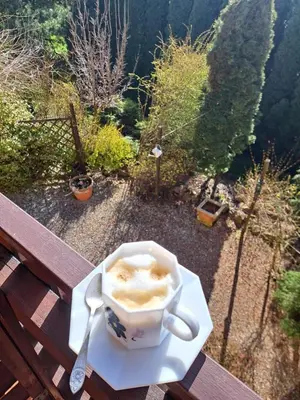 a cup of coffee on a plate on a table at Willa Krakowia in Krzeszowice