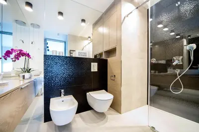 a bathroom with a toilet and a shower at LEMIR Apartments Wawrzyńca 21 in Kraków