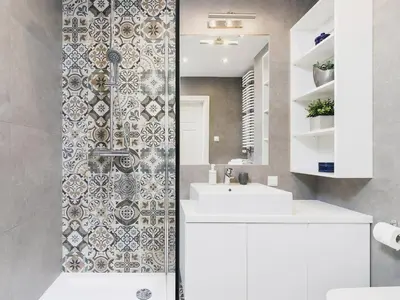 a bathroom with a shower and a white sink at LEMIR Apartments Wawrzyńca 21 in Kraków