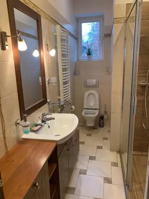 a bathroom with a sink and a shower and a toilet at Excellent apartment with balcony in Kraków