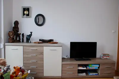 a entertainment center with a television on top of it at Apartment AMUR in Kraków