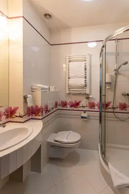 a bathroom with a toilet and a sink and a shower at Margerita in Modlnica