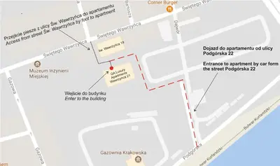 a map of the approximate location of the crime cluster at Glossy Apart W21 in Kraków
