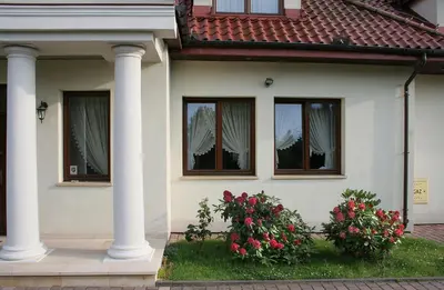 a white house with three windows and a bush of flowers at Villa Sofia in Kraków