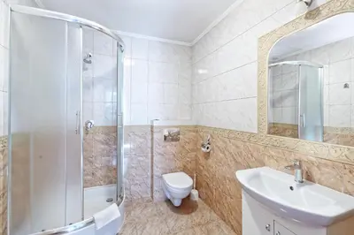 a bathroom with a shower and a toilet and a sink at Aparthotel Camea in Kraków