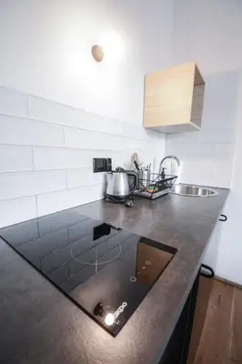 a kitchen with a sink and a counter top at LION apartments - SILVER in Kraków