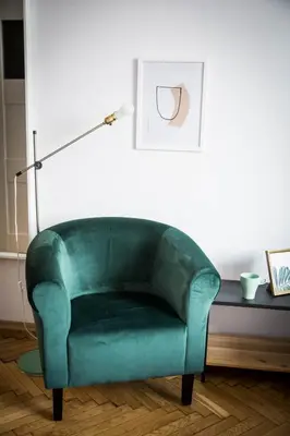 a green couch in a living room with a lamp at LION apartments - SILVER in Kraków