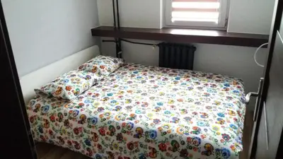 a bed with a floral comforter and two pillows at Blue Apartment Oświęcim in Oświęcim