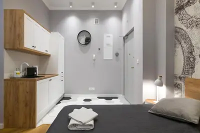 a bedroom with a bed and a bathroom with a shower at Welcome Apartment - Old Town in Kraków