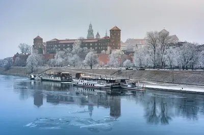 a group of boats docked in a river in front of a building at Yourplace XXS Apartments in Kraków