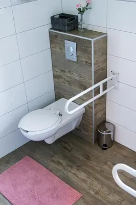 a bathroom with a toilet and a pink rug at Harmony Hostel in Zator