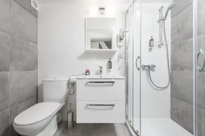 a white bathroom with a toilet and a shower at Salomea Krakow apartments in Kraków