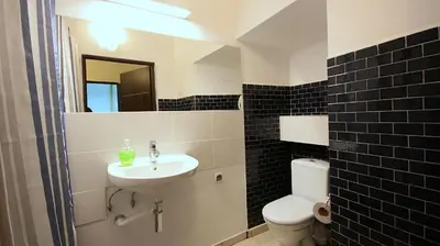 a bathroom with a sink and a toilet and a mirror at Flamingo Premium Hostel in Kraków
