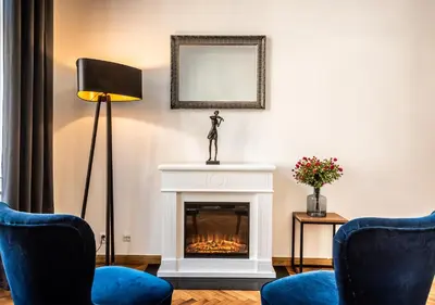 a living room with a fireplace and a statue at Flamingo Premium Hostel in Kraków