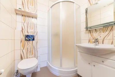 a bathroom with a shower and a toilet and a sink at Pokoje Goscinne u Florka in Słopnice