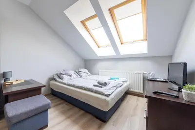 a bedroom with a bed and a tv and skylights at Pokoje Goscinne u Florka in Słopnice