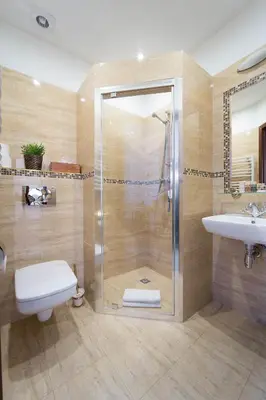 a bathroom with a shower and a toilet and a sink at Ventus Rosa Self Service Apartments in Kraków