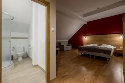 a bedroom with a bed and a bathroom with a shower at Hotel Vinnica in Wieliczka