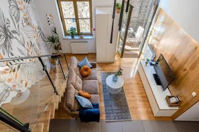 an overhead view of a living room with a couch at Home Sweet Home in Kraków