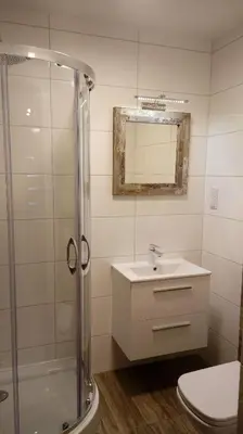 a bathroom with a shower and a sink and a toilet at Leo House in Gaj