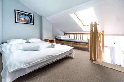 a bedroom with a bed and a skylight at Apartamenty Amber in Kraków