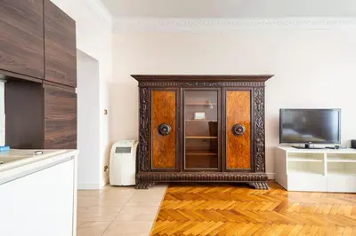 a kitchen with a wooden cabinet and a tv at Floriańska Glamour Apartments in Kraków