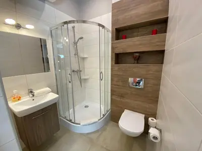 a bathroom with a shower and a toilet and a sink at P&J Apartamenty Św. Krzyża in Kraków